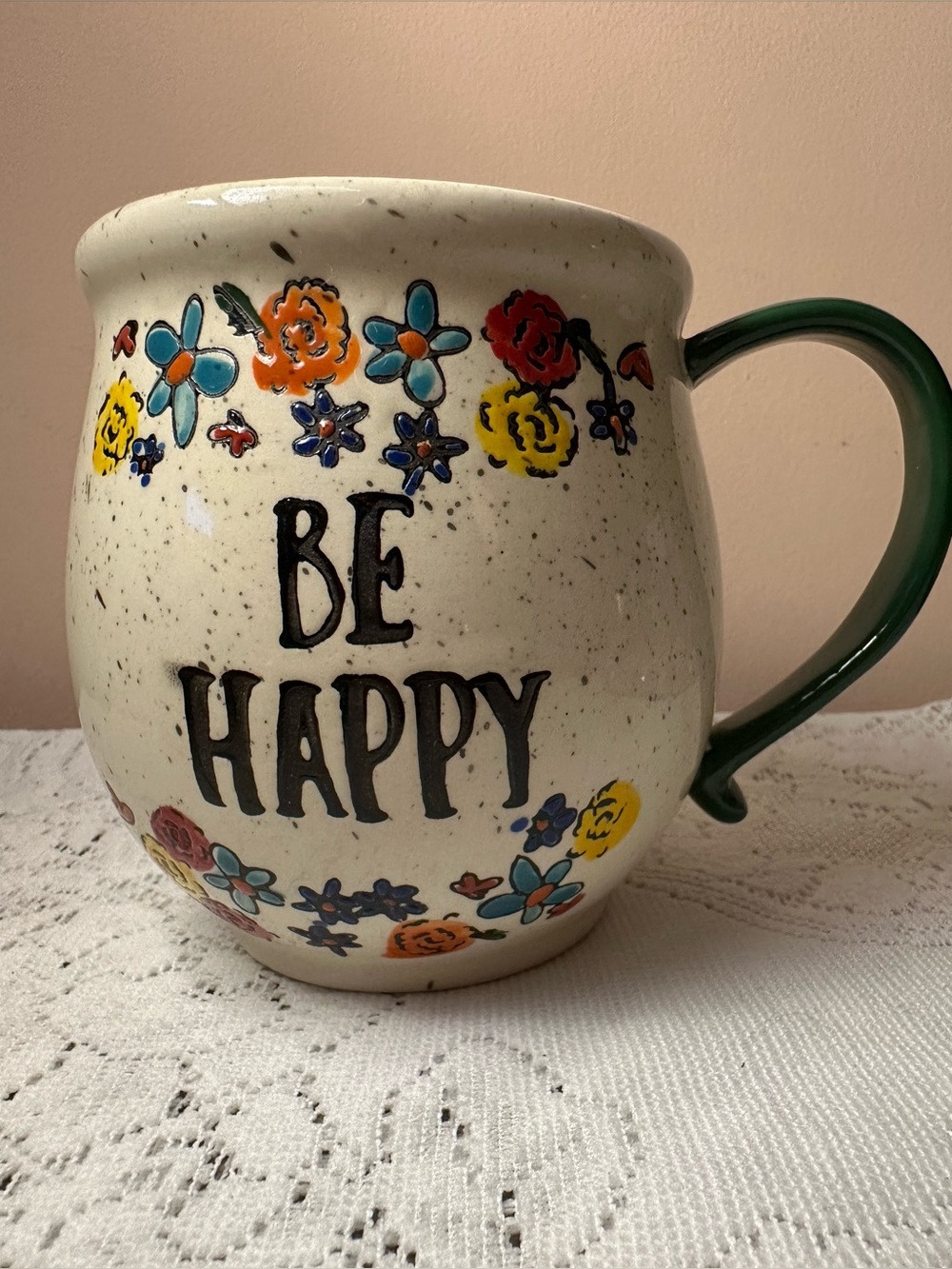 Tag 'Be Happy' Cream Ceramic Mug with Green Handle and Multicolor Flowers
